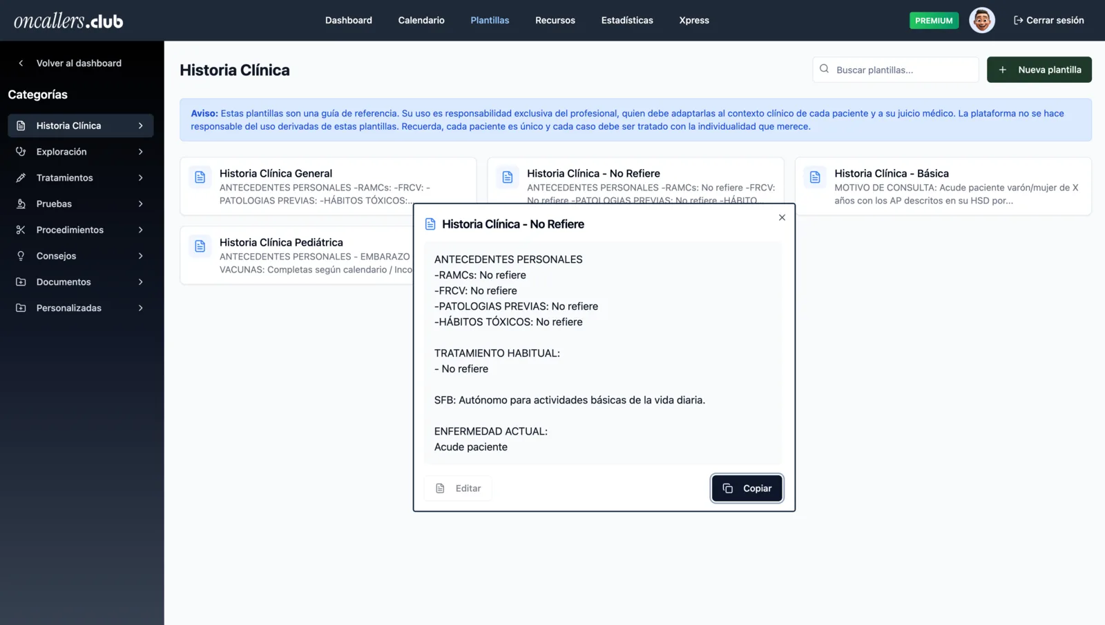 Plantillas de anamnesis e historia clínica organizadas por especialidad en OnCallers